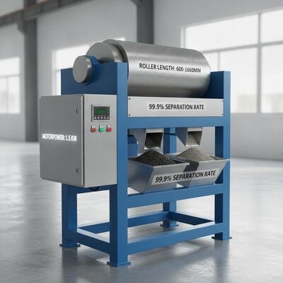 Machine de séparation magnétique de puissance moteur de 1,5 KW avec une longueur de rouleau de 600 à 1600 mm et un taux de séparation de 99,9 pour le traitement